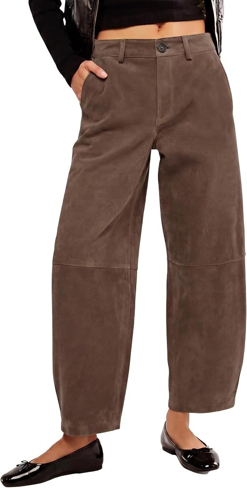 Tankaneo Womens Faux Suede Barrel Pants High Waisted Wide Leg Trousers | Amazon (US)