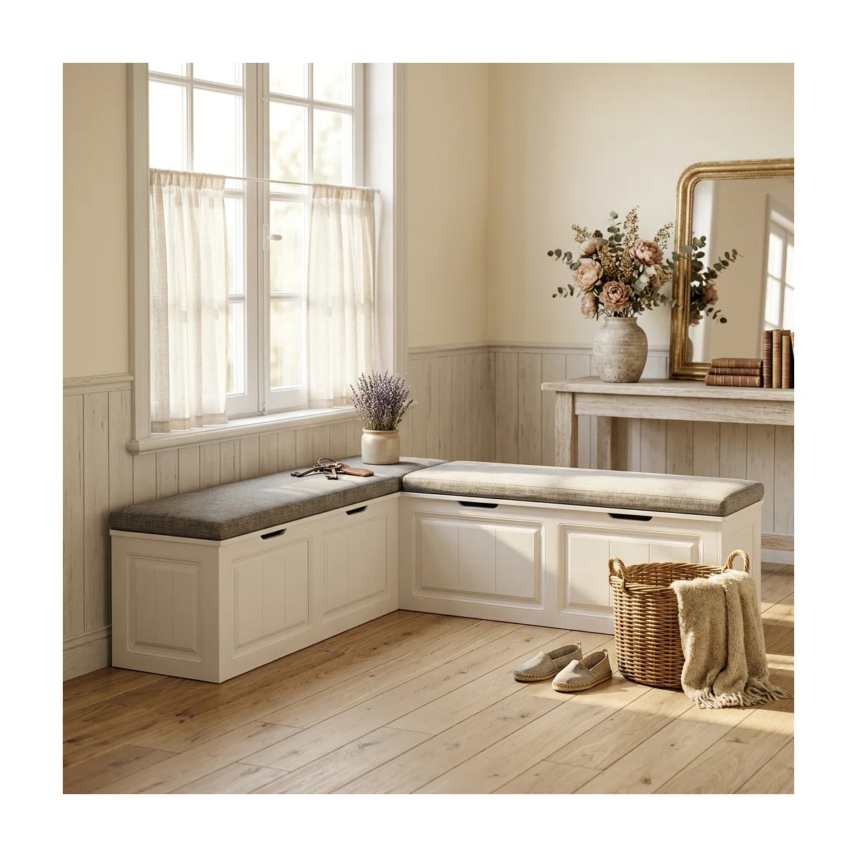 Efrayim Cushioned L-Shaped Corner Storage Entryway Bench | Wayfair North America