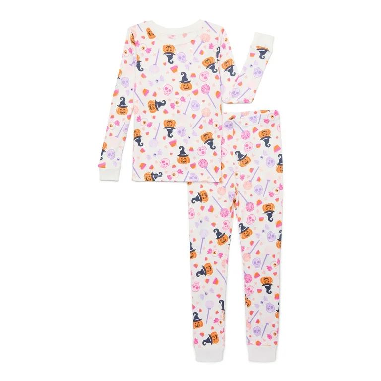 Wonder Nation Girls Halloween Tight Fit Long Sleeve Top and Pant 2 Piece Pajama Set, Sizes 4-10 | Walmart (US)