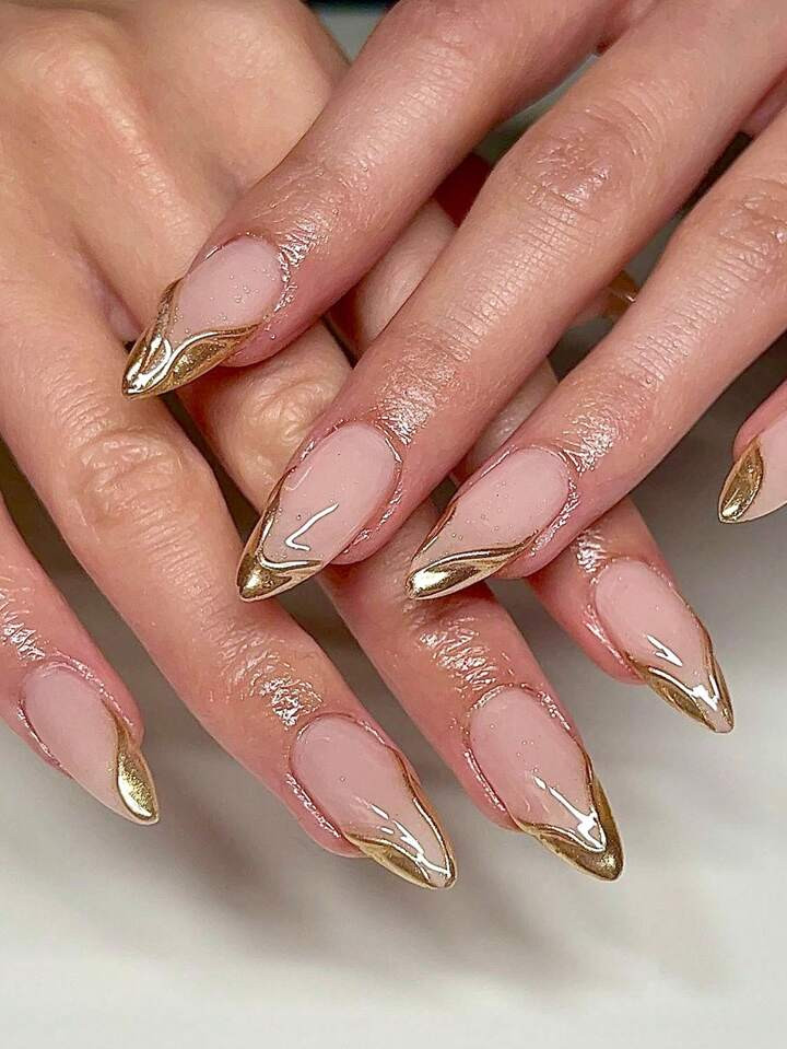 Trends10pcs Handmade Asymmetrical Metal Gold French Tip Nail Stickers, High-End Elegant Design | SHEIN