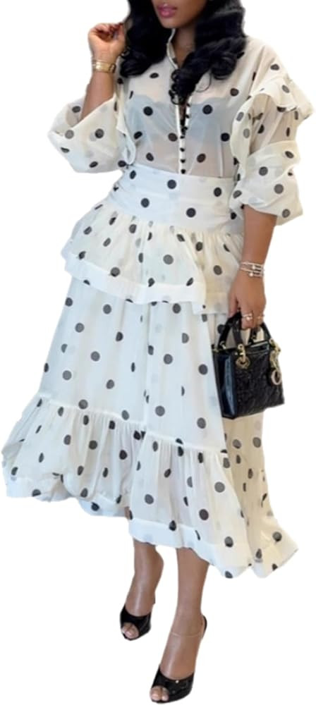 Wuitrie Women's Sexy Polka Dot Elegant Two Piece Outfits Ruffle Sheer Mesh Blouse High Waist Plea... | Amazon (US)