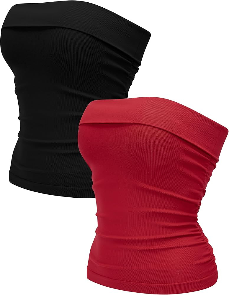 OLCHEE Womens 2PK Tube Tops Off Shoulder Seamless Ribbed Strapless Sleeveless Side Ruched Slim Fi... | Amazon (US)