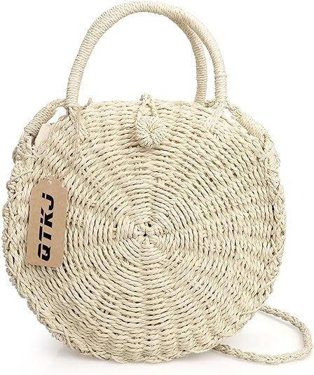 QTKJ Summer Beach Round Rattan Bag, Hand Woven Bali Straw Tote Crossbody Handbag for Womens | Amazon (US)