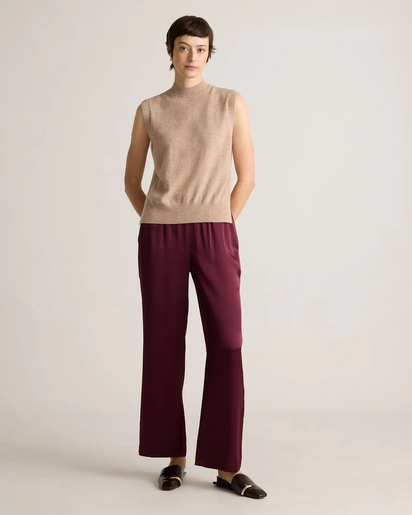 100% Washable Silk Drawstring Wide Leg Pants in Wine Tasting Red | Quince