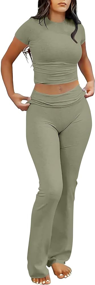 ANRABESS Lounge Sets for Women 2 Piece Foldover Yoga Flare Leggings Pants Crop Tops Casual Y2K Ou... | Amazon (US)