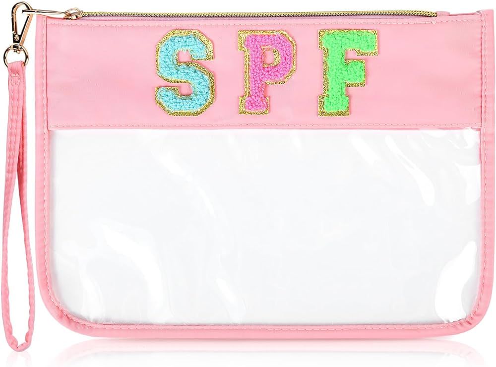 SPF Makeup Bag Chenille Letter Pouch Bag Clear Travel Zipper Nylon cosmetic Pouch Organizer Sunsc... | Amazon (US)