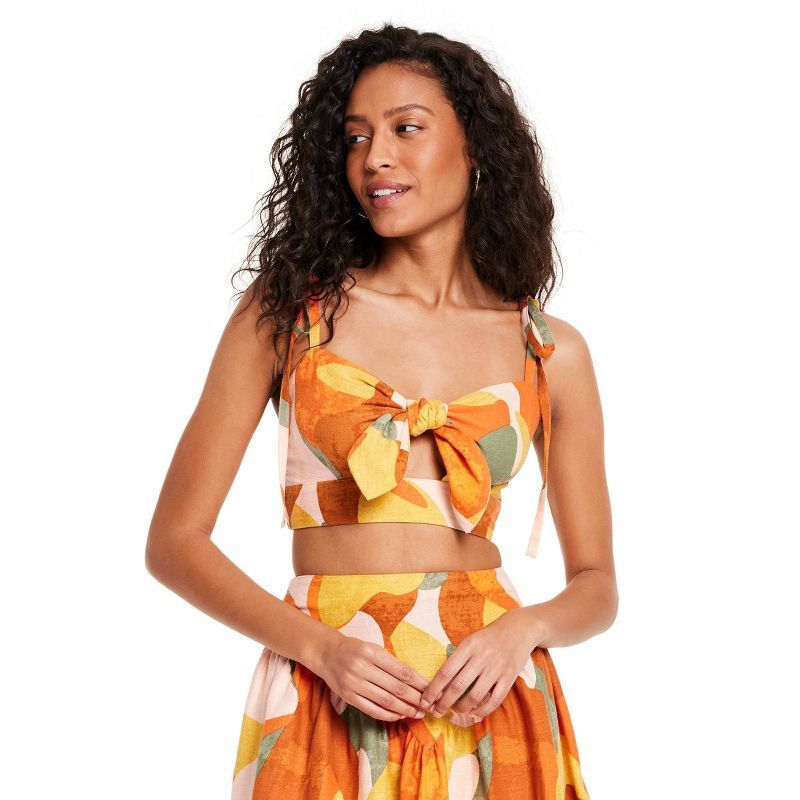 Women's Mixed Paint Print Knotted Crop Tank Top - Fe Noel x Target Orange/Brown/Peach | Target
