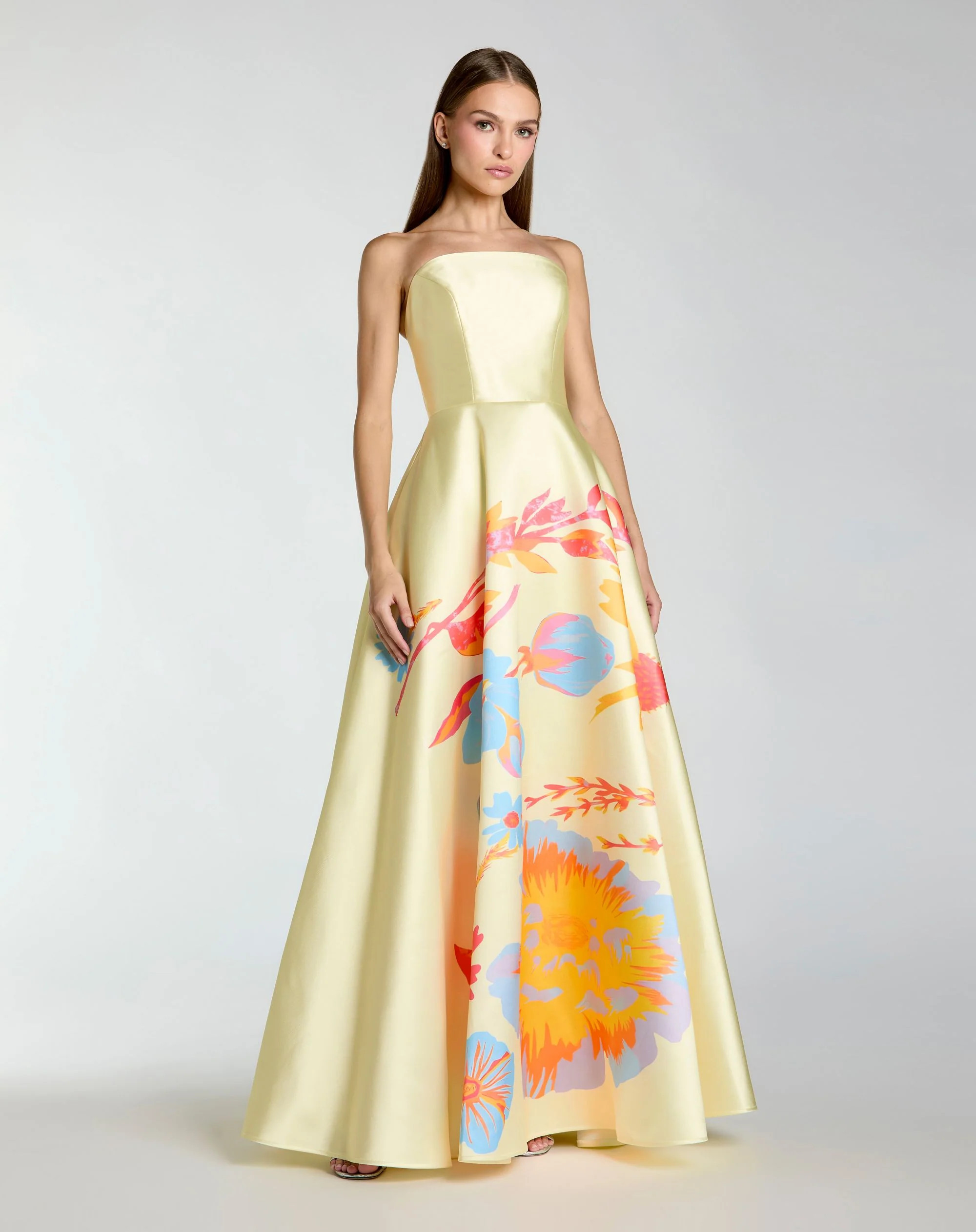 Yellow Strapless Mikado Ball Gown With Floral Print | Mac Duggal | Mac Duggal