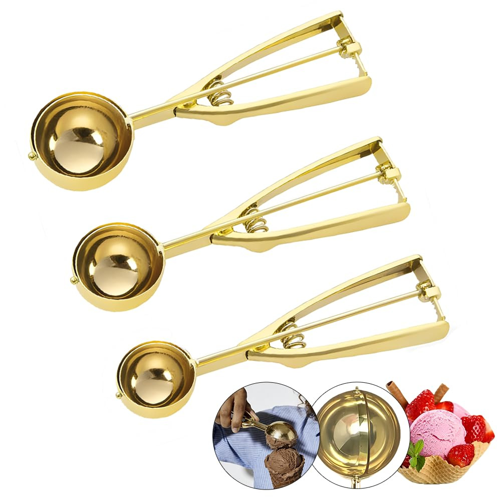 Gold Ice Cream Scoop 304 Stainless Steel Cookie Scoops for Baking Melon Baller with Trigger 3 Siz... | Amazon (US)