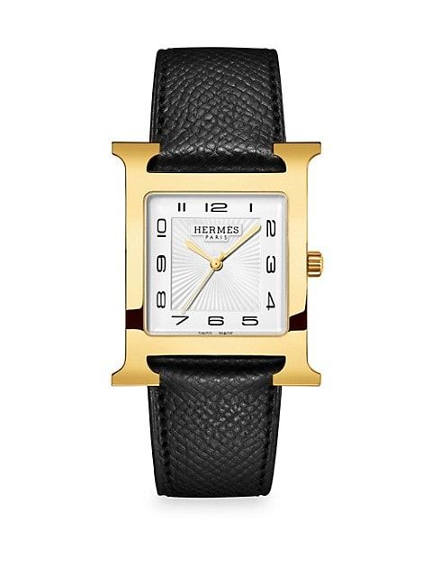 HERMÈS Heure H 30.5MM Goldplated &amp; Leather Strap Watch | Saks Fifth Avenue