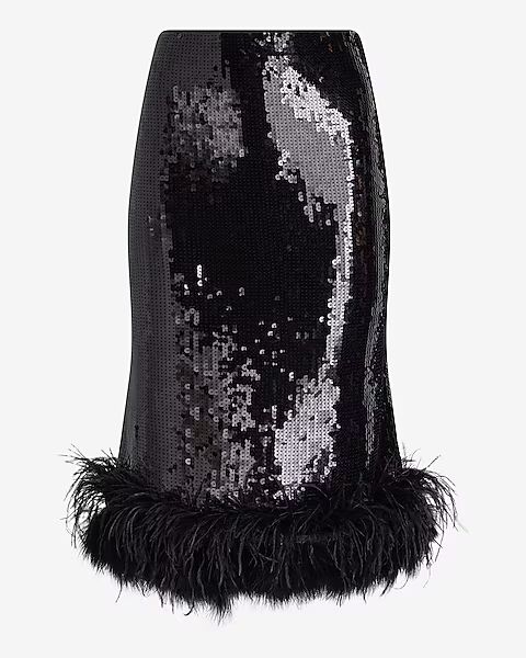 Mid Rise Sequin Feather Hem Midi Pencil Skirt | Express
