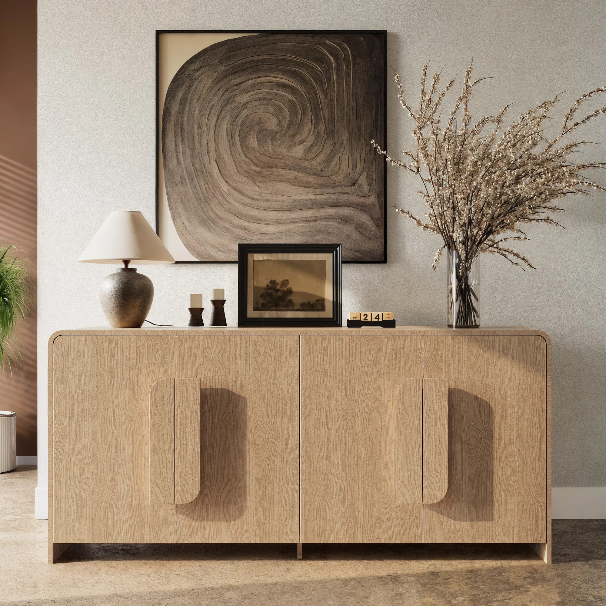Modern 63.78” Curved Sideboard with 4 Doors and Irregular Handles for Dining Room Storage | Wayfair North America