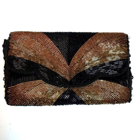 Vintage Clutch Art Deco Jet Hand-Beaded Copper Gold‎ Handbag Lined 9"x5" | Poshmark