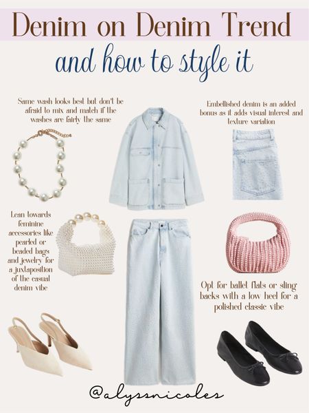 Denim on denim trend and how to style it! Use these tips to guide you in creating your own look. As a denim lover I’m so happy to see this trend blossoming in 2024! 

Anthropologie purse 
Beaded purse 
Amazon purse 
Sling back heels 
H&M 
Ballet flats 
Pearl necklace 
Denim style 
Outfit tips 
2024 fashion trends