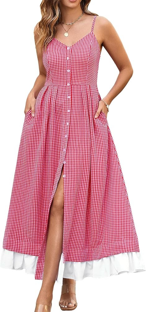 Angashion Women's Dresses-Summer Floral Bohemian Spaghetti Strap Button Down Swing Midi Dress | Amazon (US)