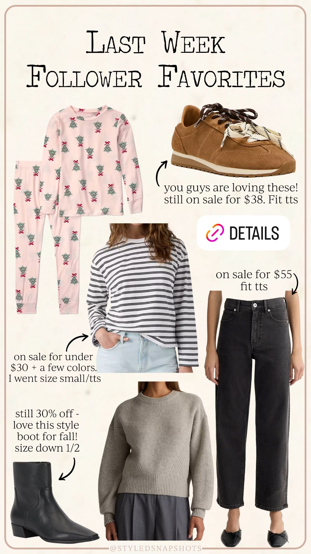 Last week follower favorites 
•toddler girl Christmas pajamas 
•cute & comfy sneakers on sale for $55 and fit tts 
•striped long sleeve tee on sale for $24 and fits tts 
•cozy alpaca sweater, I sized up 1 to a medium 
•black fall booties 30% off, size down 1/2