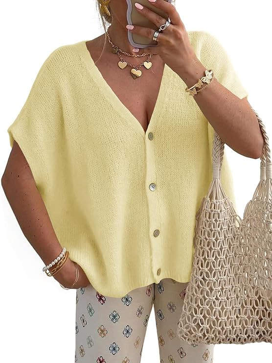 Womens Summer Short Sleeve Sweater Cardigan Lightweight Casual V-Neck Summer Tops Loose Fit Summe... | Amazon (US)