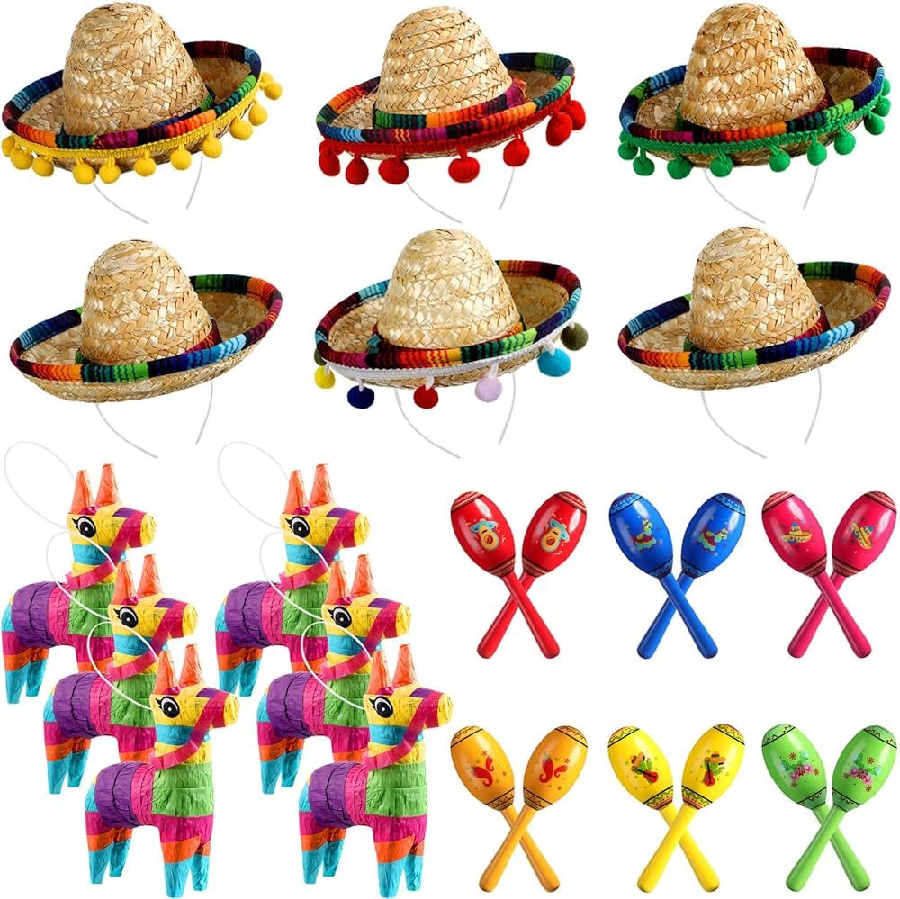 Riceshoot 24 Pcs Mexican Fiesta Decorations Include 6 Mini Sombrero Hat Headbands 12 Wooden Fiest... | Amazon (US)