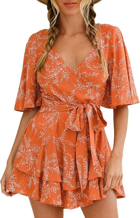 AIMCOO Womens Summer Short Flared Sleeve Romper V Neck Floral Print Jumpsuit Waist Tie Layer Ruff... | Amazon (US)