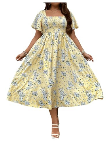 Floerns Women's Plus Size Floral Square Neck Flounce Short Sleeve A Line Maxi Dress | Amazon (US)