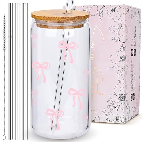 BIPEDS Coquette Cute Pink Bow Glass Cups with Lids and Straws, Aesthetic Iced Coffee Cup, Girly Preppy Design Tumbler Mug, Birthday Valentines Christmas Gifts for Women, Teen Girl Gifts Trendy Stuff | Amazon (US)