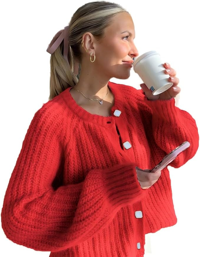 Women’s 2024 Fall Cardigan Sweater Soft Chunky Knit Cardigan Crewneck Button Down Cropped Cardi... | Amazon (US)