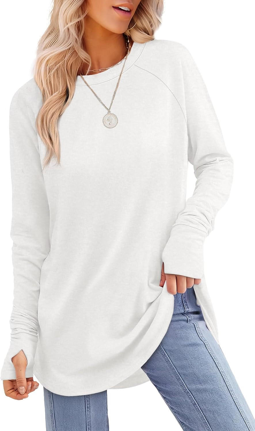 XIEERDUO Womens Tunic Tops to Wear with Leggings Long Sleeve Thumb Hole Shirts Crew Neck Curved Hem | Amazon (US)