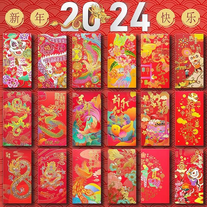 Chinese Red Envelope, Lucky Money Envelopes for Cash, 6.6" x 3.5" Gold Foil Hong Bao, Assorted De... | Amazon (US)