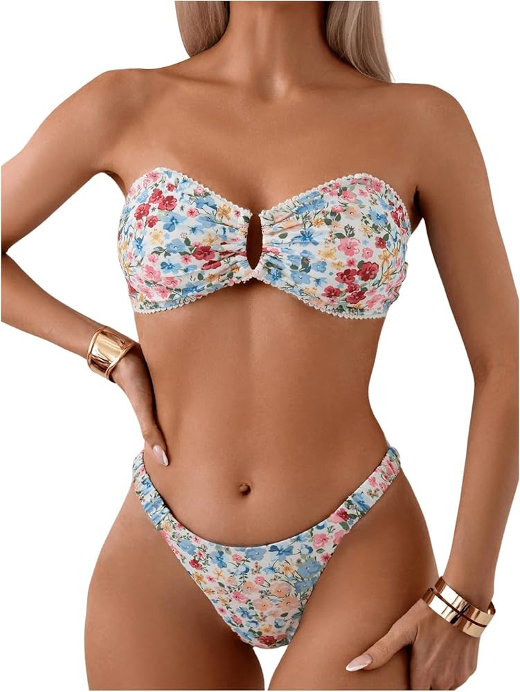 SHENHE Women's Floral Strapless Swimsuits 2 Piece Cheeky Ruched Bandeau Bikini Set | Amazon (US)