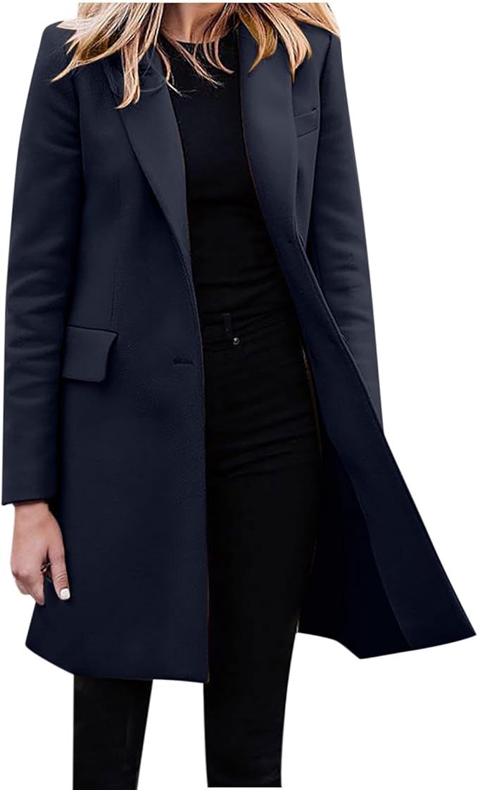 Leodye Wool Pea Coats for Women Long Oversized Trench Coat Notched Collar Wool Blend Coats Winter... | Amazon (US)