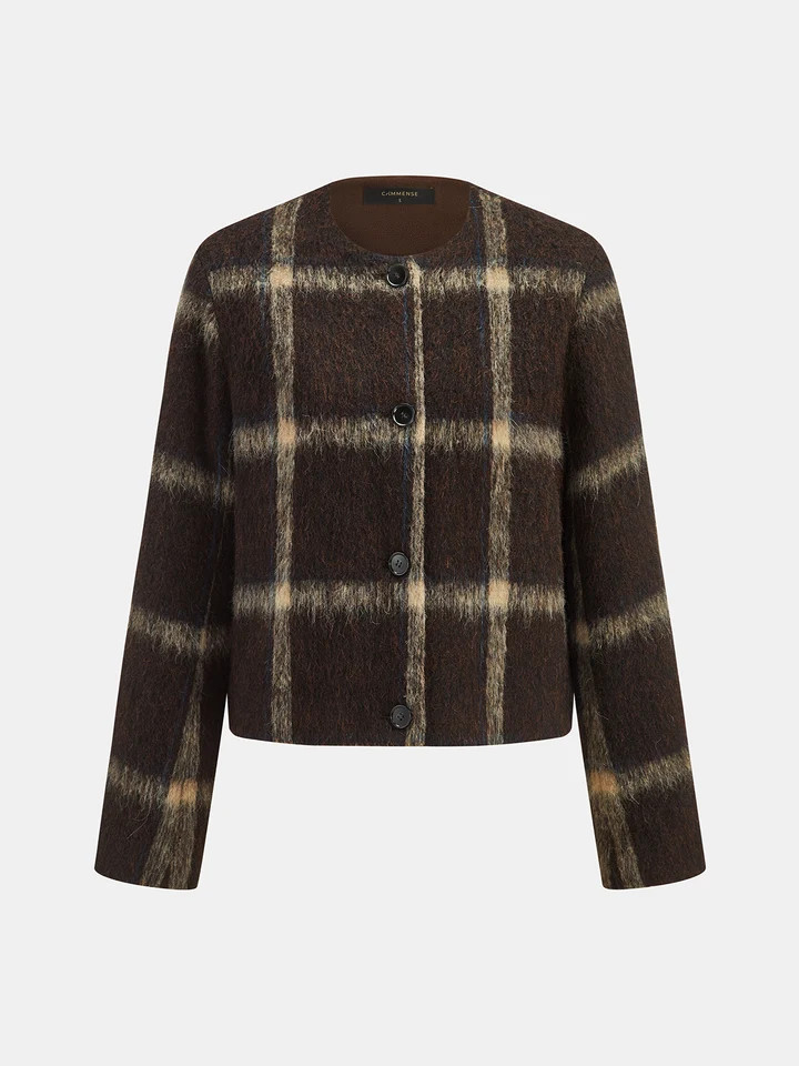 Plaid High Wool Blend Crop Jacket | Commense