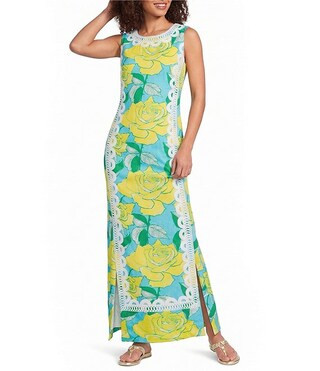 Lotta Stretch Vintage Dobby Ros Bud Print Crew Neck Sleeveless Lace Maxi Dress | Dillard's