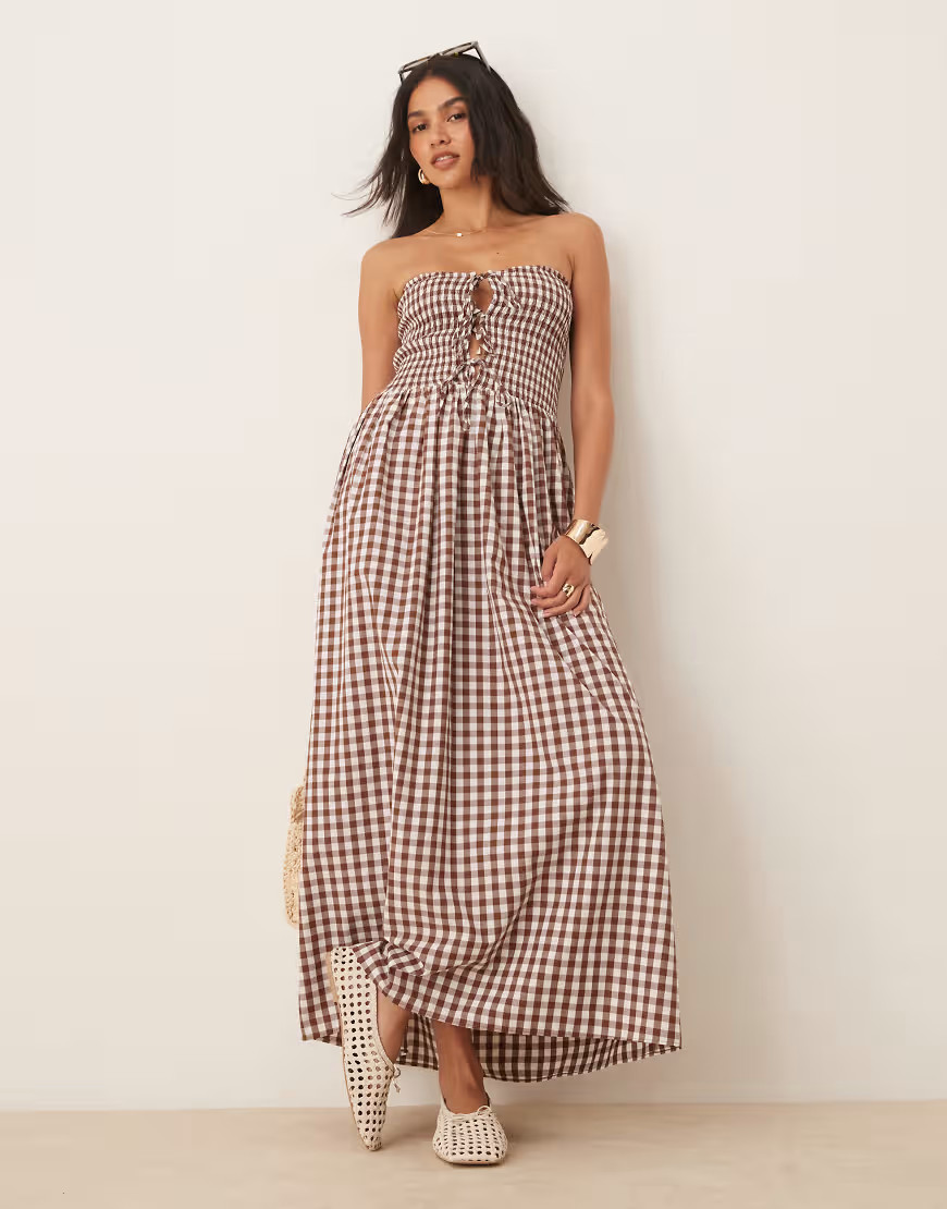 ASOS DESIGN shirred tie front bandeau maxi dress in chocolate gingham-Multi | ASOS (Global)