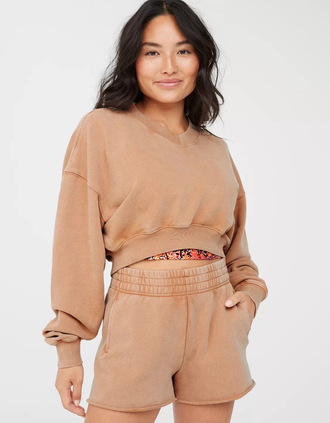 OFFLINE By Aerie Throw-Back Cropped V Neck Sweatshirt | Aerie
