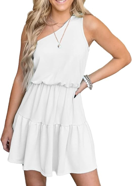 Women's One Shoulder Sleeveless Elastic Waist Boho Smocked Flowy Dresses Solid Tank Dress Mini Su... | Amazon (US)