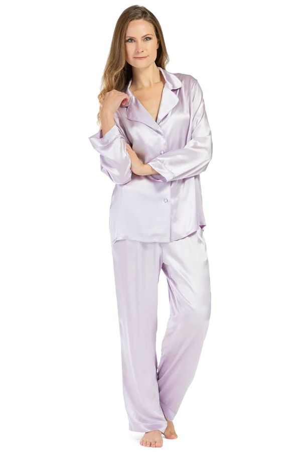 Women's 100% Mulberry Silk Classic Full Length Pajama Set with Gift Box | Fishers Finery (US)