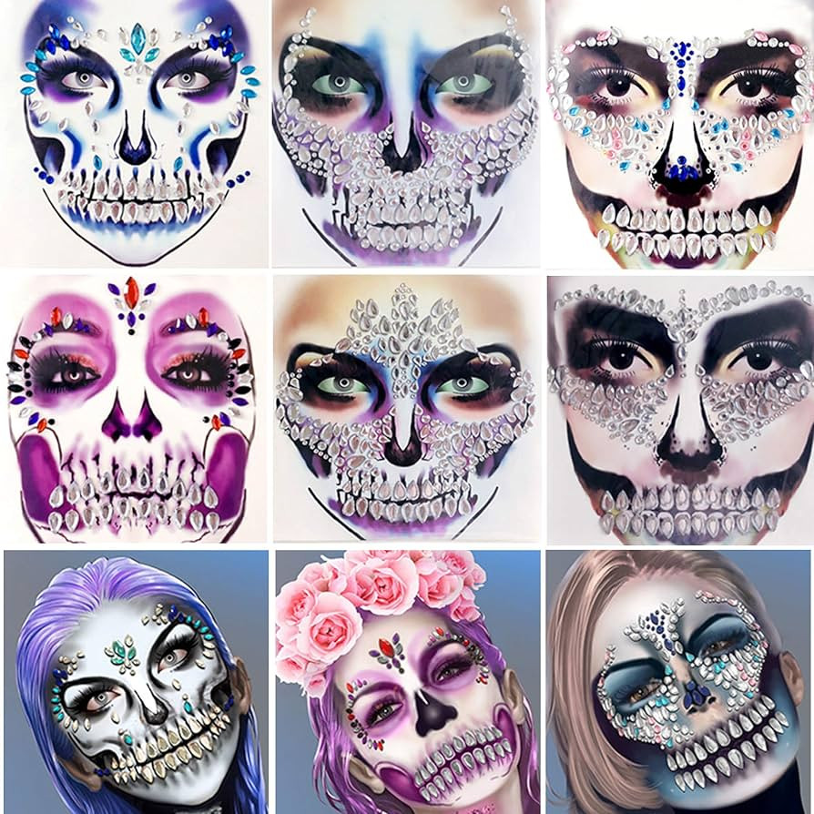 Skull Face Jewels Day of the Death Face Gems for Halloween Face Decals,6-Pack | Amazon (US)