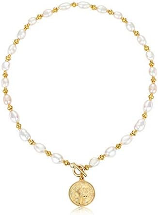 Y2K Pearl Choker Necklace Baroque Cultured Handpicked Pearl 18K Gold Plated Bead Ball Chain Coin ... | Amazon (US)