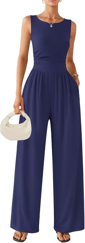 Ekouaer Jumpsuits for Women One Piece Jumpsuit Wide Leg Sleeveless Crewneck Casual Womens Romper ... | Amazon (US)
