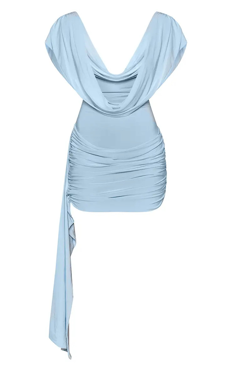 Baby Blue Double Layer Slinky Cowl Drape Detail Mini Dress | PrettyLittleThing UK