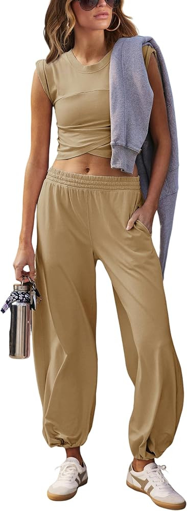 Springrain Womens Two Pieces Outfits Casual Lounge Sets Cropped Tops Sweatpants Tracksuit with Po... | Amazon (US)