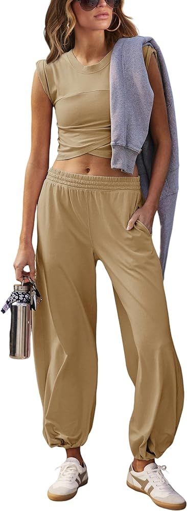 Amazon.com: Springrain Womens Two Pieces Outfits Casual Lounge Sets Cropped Tops Sweatpants Track... | Amazon (US)