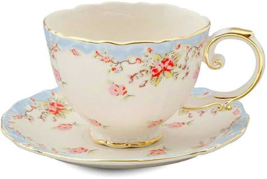 Gracie China Vintage Blue Rose Porcelain 7-Ounce Tea Cup and Saucer Set of 4 | Amazon (US)