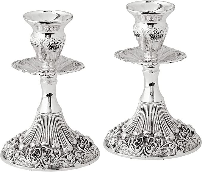 Silver Plated Candlesticks - 2 Pack Set - Pair of 5 Inch Ornate Candle Holders with Round Base an... | Amazon (US)