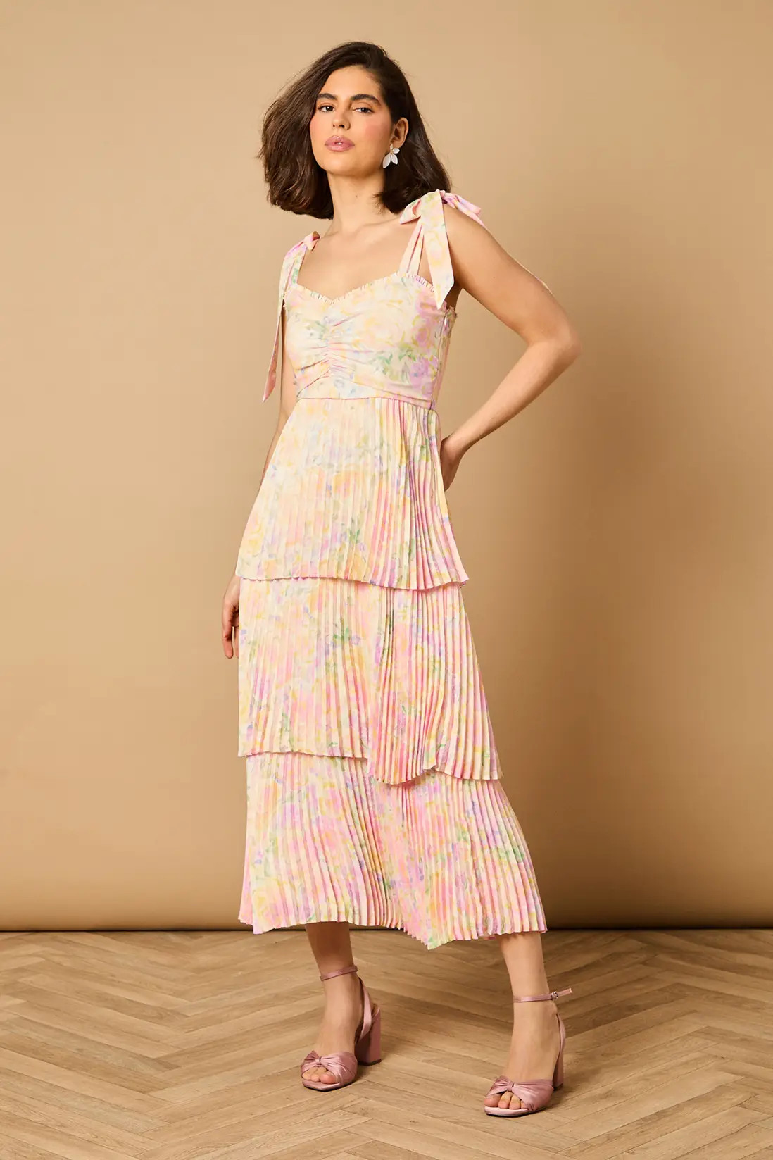 Ditsy Floral Pleated Tie Shoulder Midi Dress | Karen Millen