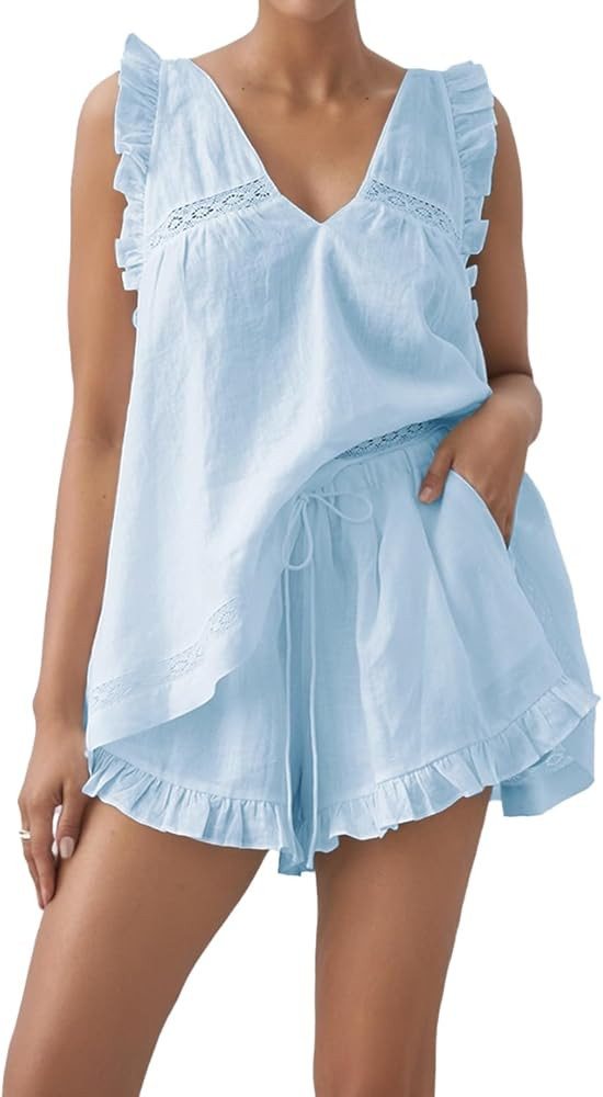 Womens Ruffle Pajama Set Cotton 2 Piece Sets Summer Sleeveless Lace Trim Top and Shorts | Amazon (US)
