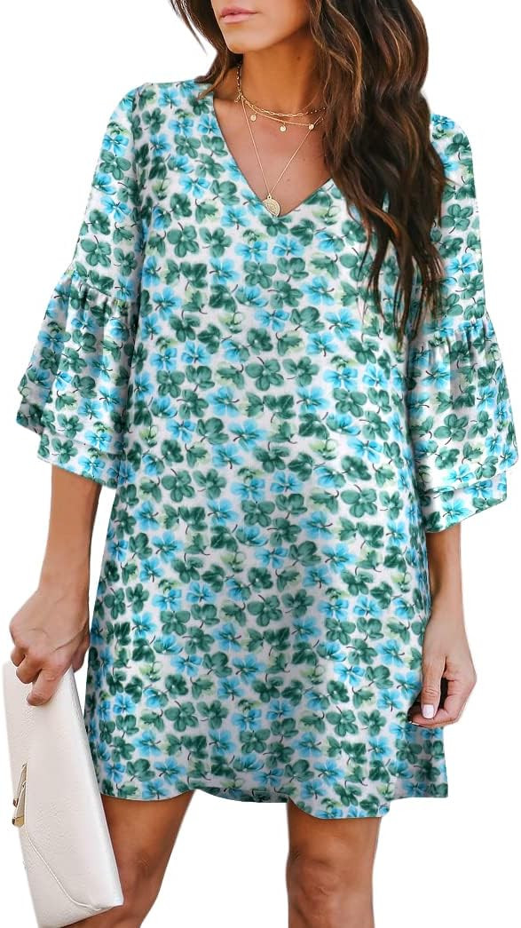 BELONGSCI Women's Dress Sweet & Cute V-Neck Bell Sleeve Shift Dress Mini Dress | Amazon (US)