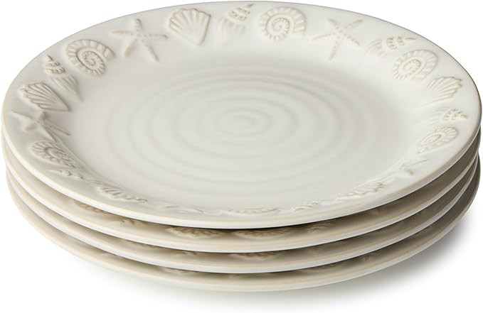 Coastline Cream Stoneware DINNER PLATES SETof 4, 10.5-inch embossed coastal shell and starfish pl... | Amazon (US)