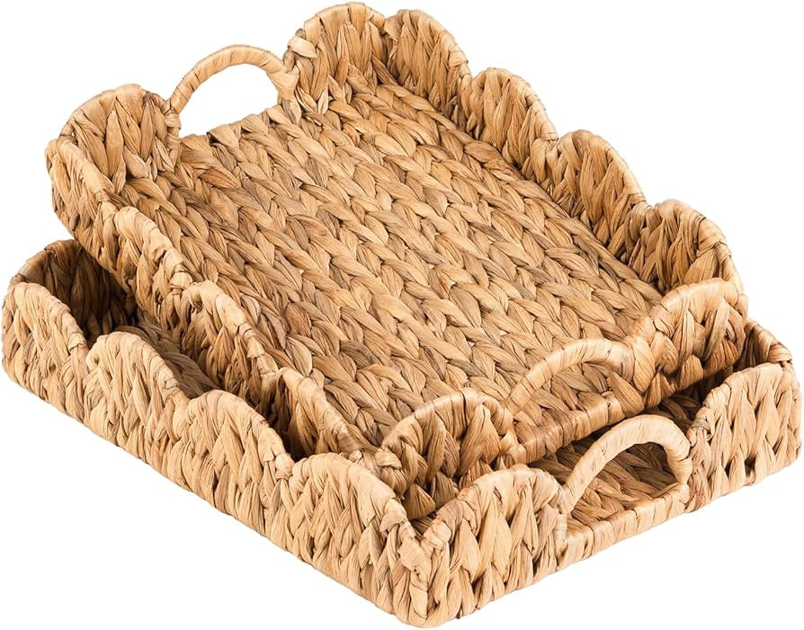Large Rectangle Serving Tray, 2-Pack Rattan Scalloped Tray with Handles, Wicker Trays for Decor, ... | Amazon (US)