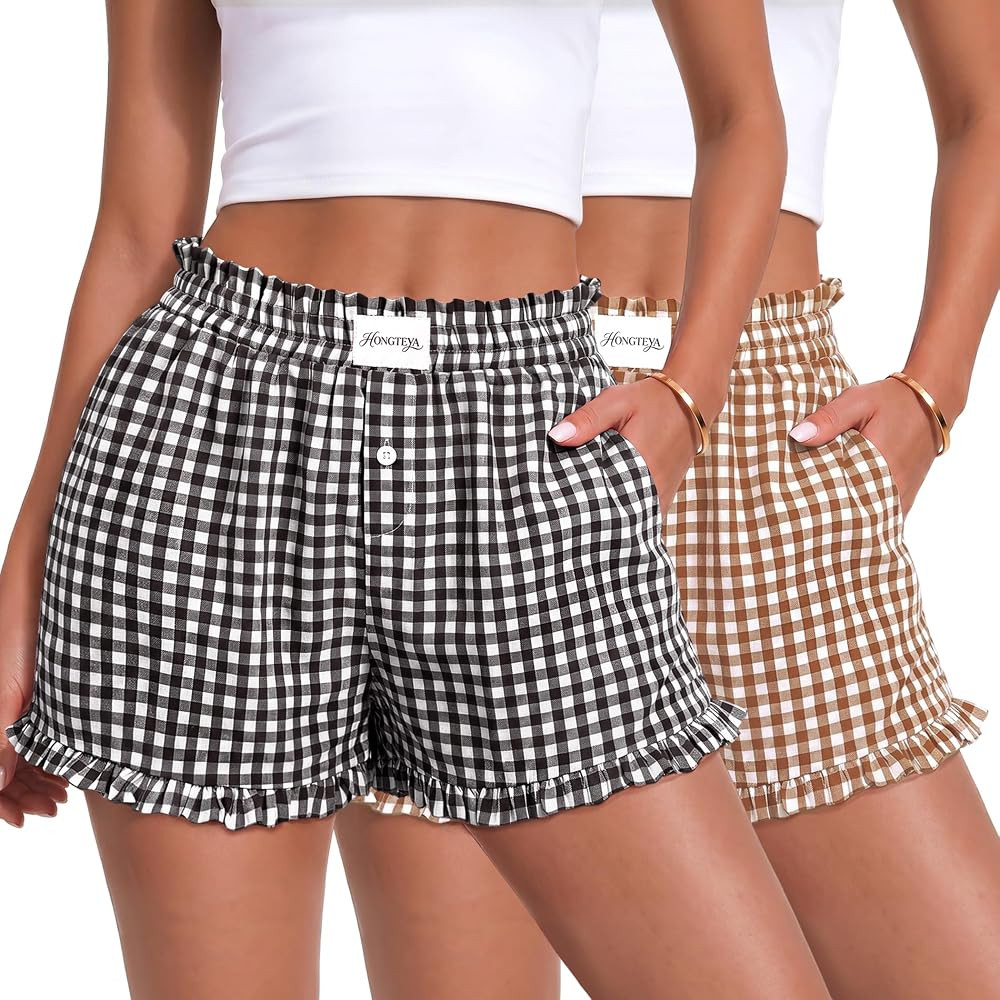 HONGTEYA Boxer Shorts for Women Cotton Ruffle Gingham Plaid Pajama Bottoms | Amazon (US)